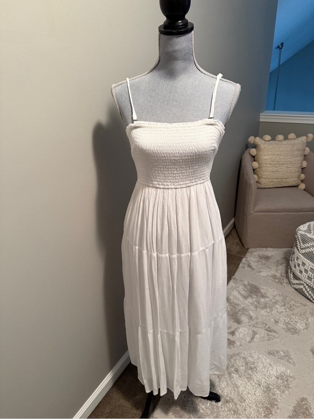 Hollister White Smocked Bodice Spaghetti Strap Maxi Dress